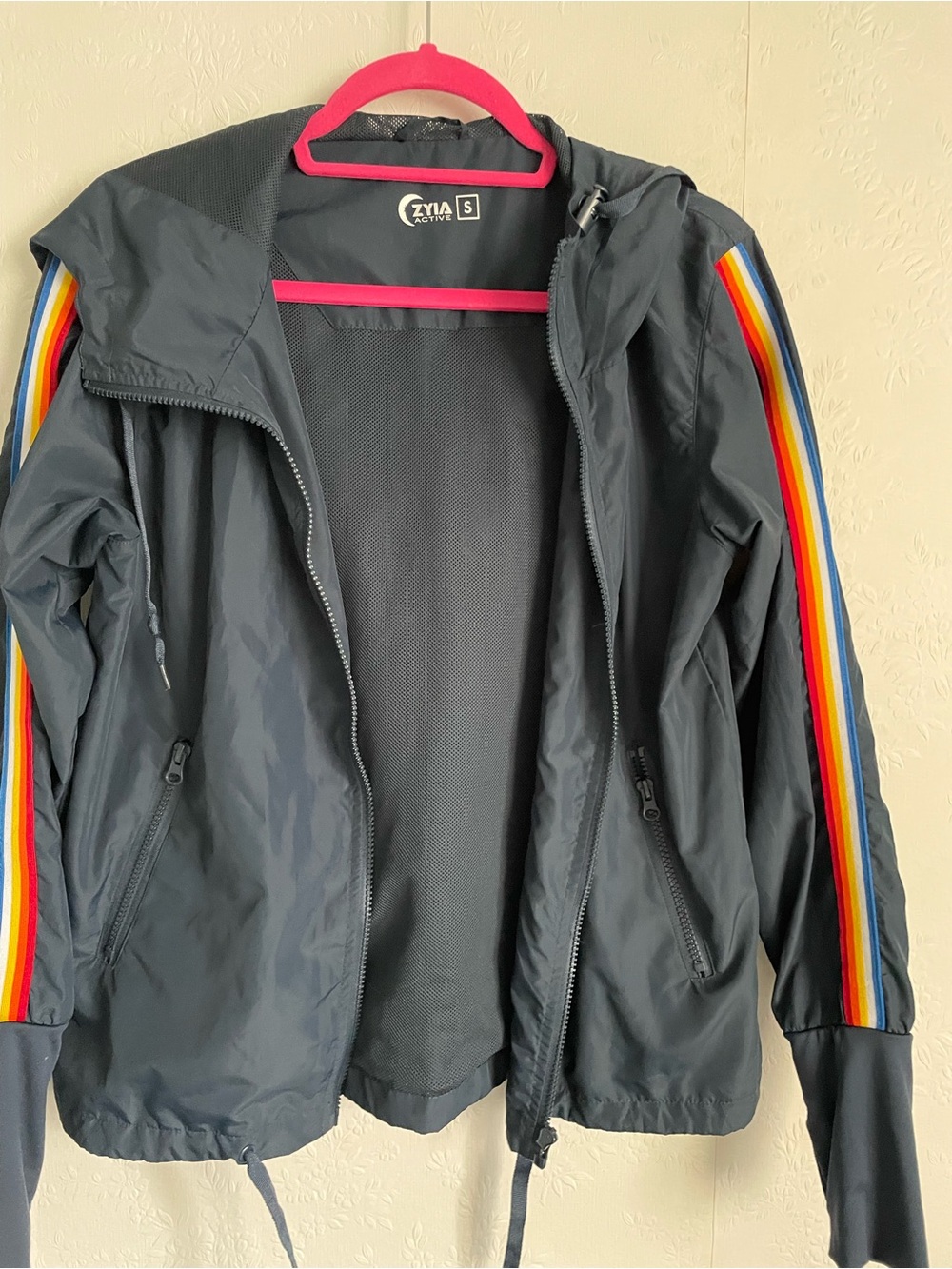 🎁 3/$30 Zyia Active Navy Blue Hooded Windbreaker with Rainbow Stripe Detail